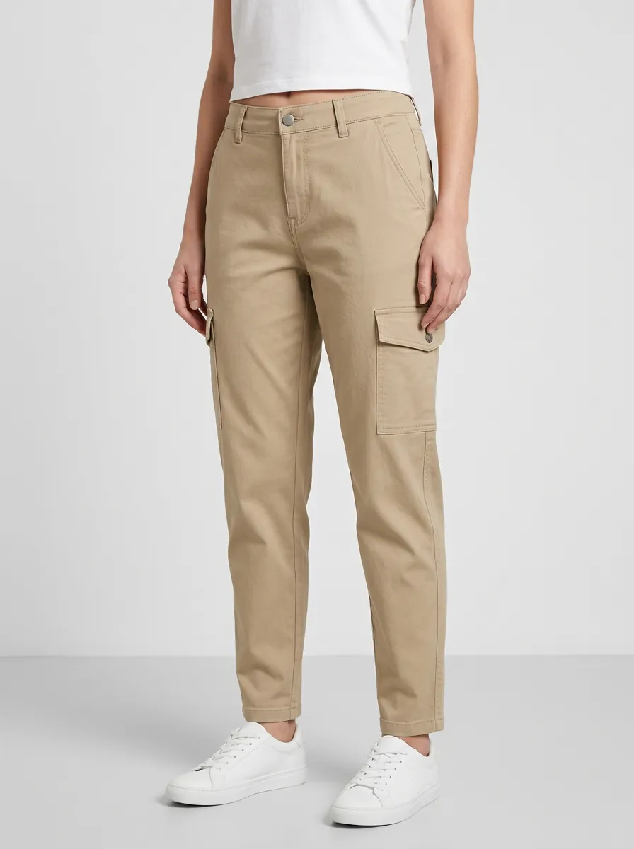 Women's Mid-Rise Button-Flap Pocket Slant-Pocket Tapered Cargo Pants