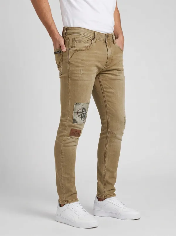 Men's Mid-Blue Adventure Explorer Compass Patch Slim Fit Jeans