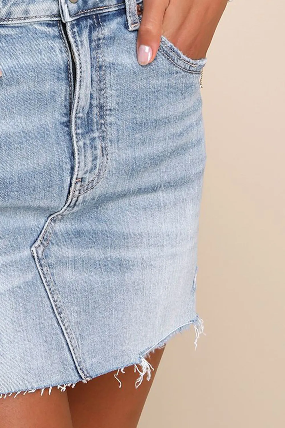 Casual Style Medium Wash High-Rise Raw Hem Denim Mini Skirt