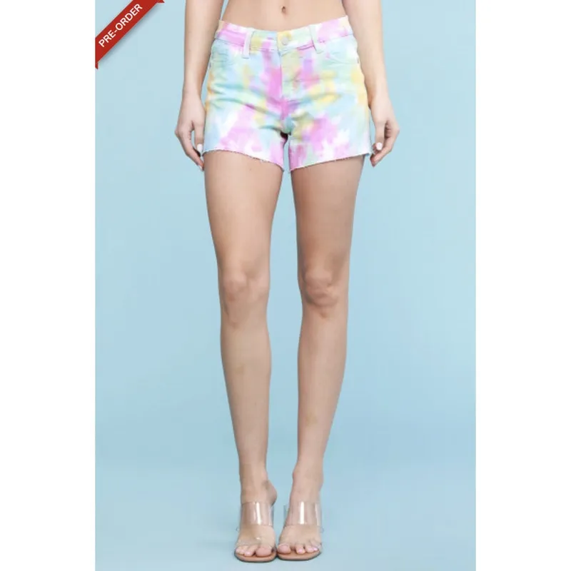 Rainbow Tie-Dye Cutoff Denim Shorts
