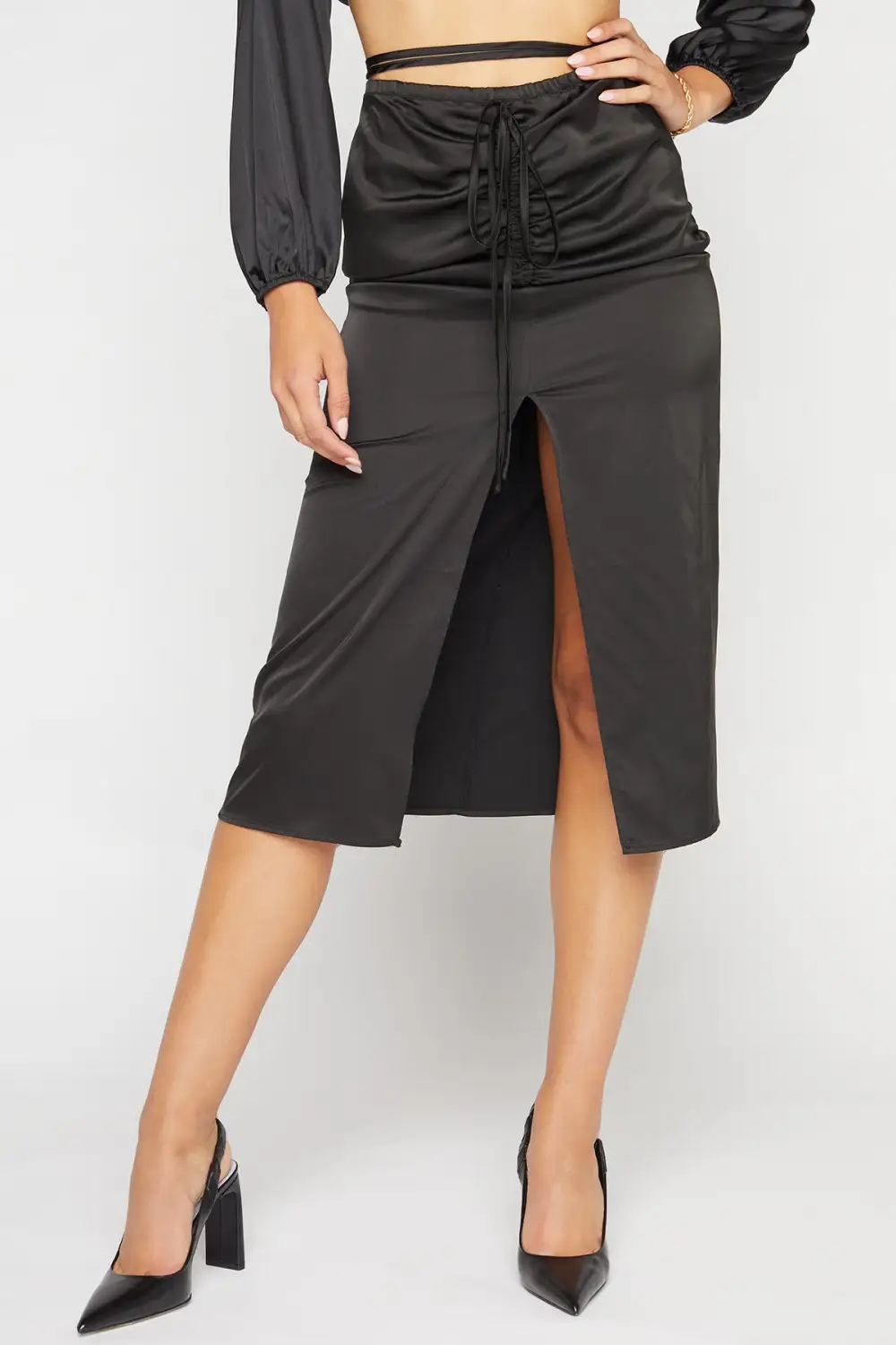 Ruched Slit Front Satin Skirt