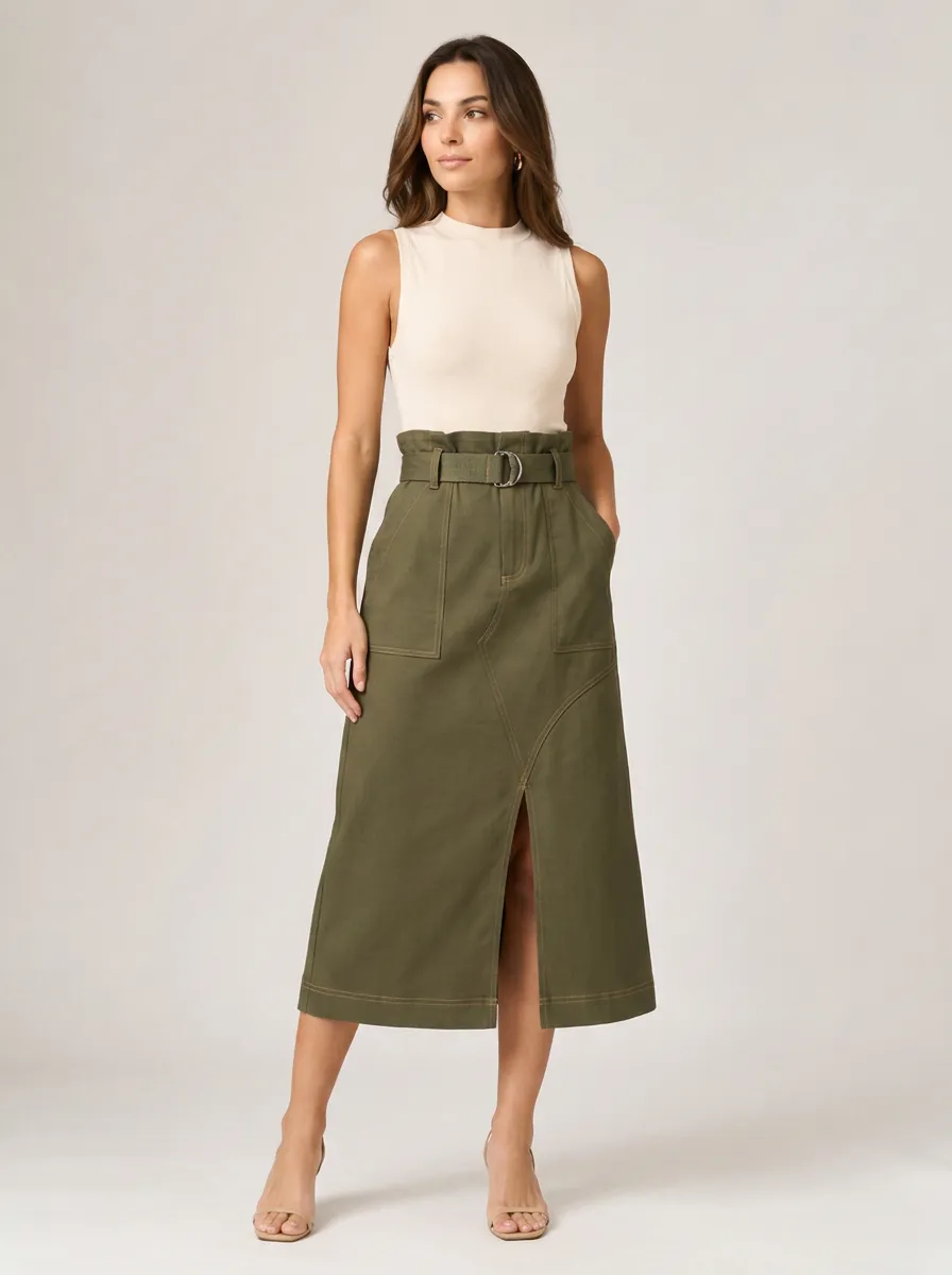 Women's Casual Fashion Olive Green Belted High-Waist Midi Skirt