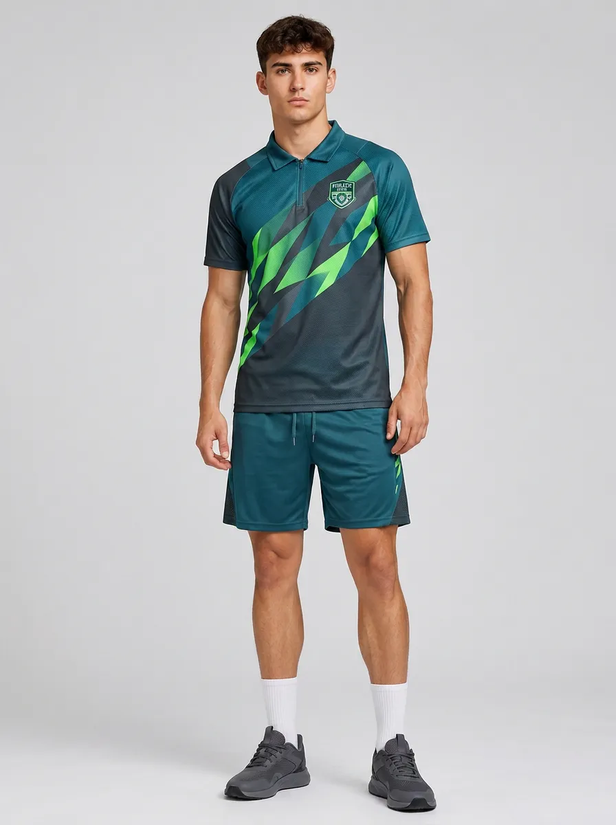Men's Sports Fitness Geometric Printed Polo Shirt and Shorts Set
