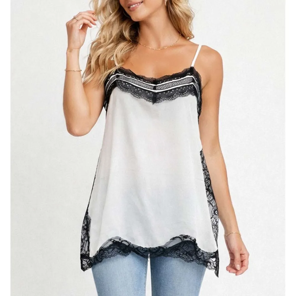 Chic Lace Trim V Neck Side Split Cami Top
