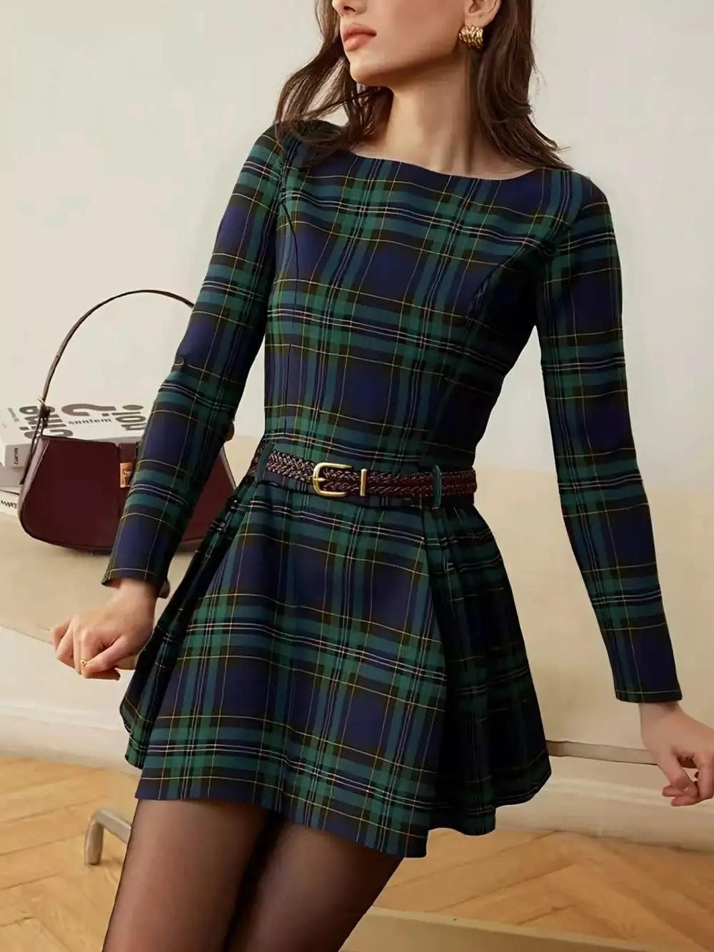 Plaid Printed Long Sleeve Dress Casual