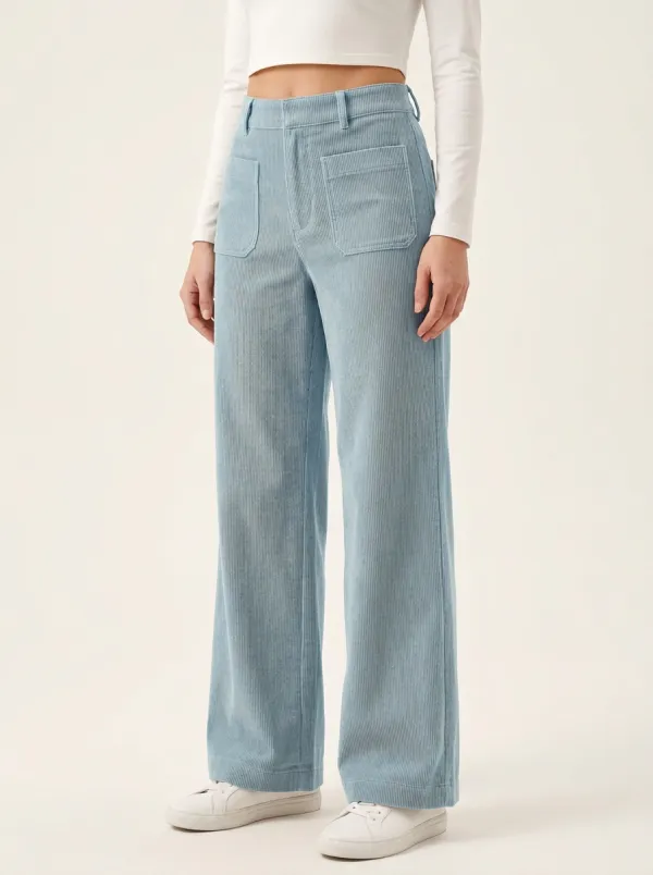 Women's Structured High-Rise Patch-Pocket Wide-Leg Corduroy Pants