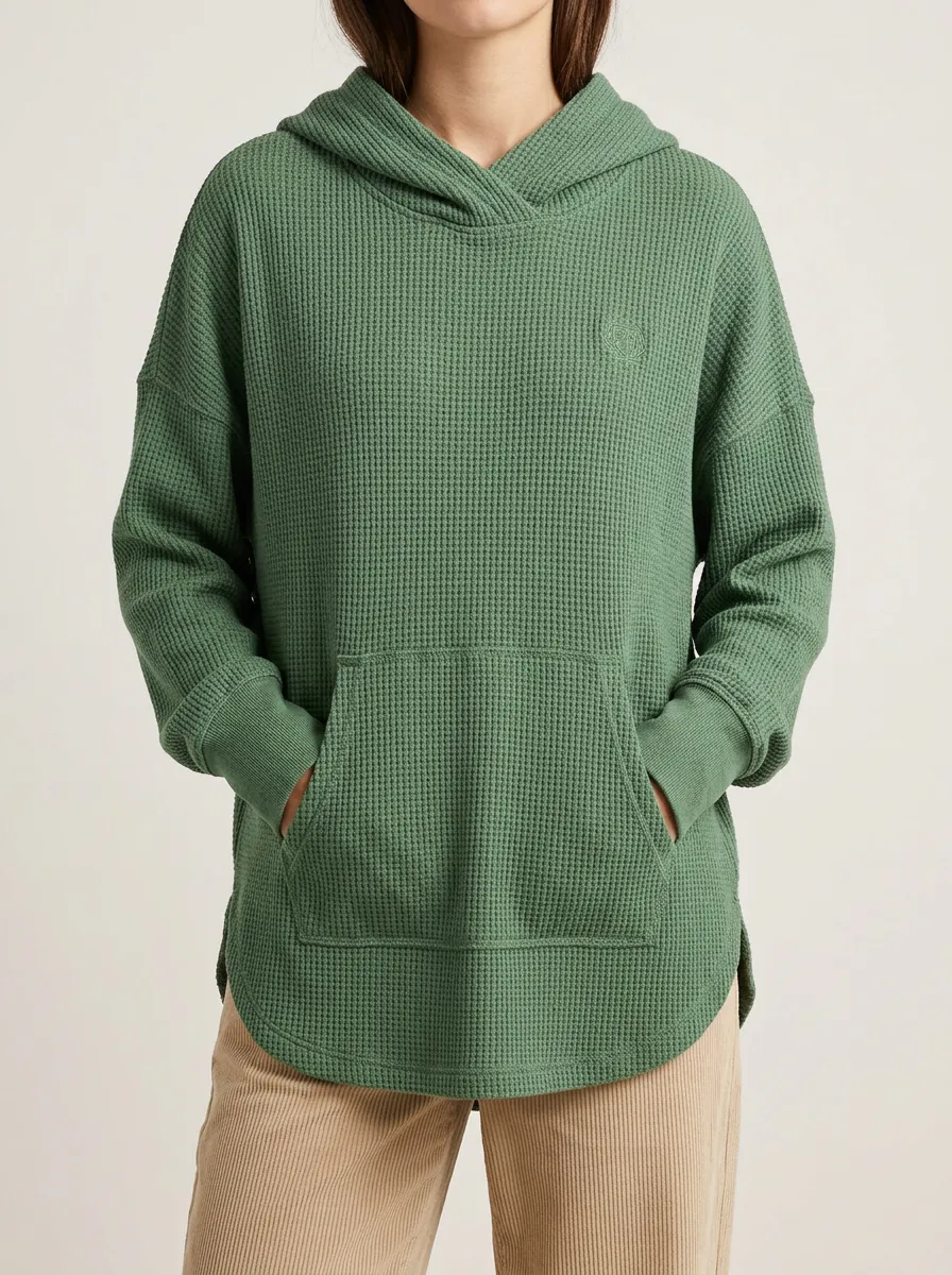 Refined Leisure Waffle Knit Hooded Pullover Top