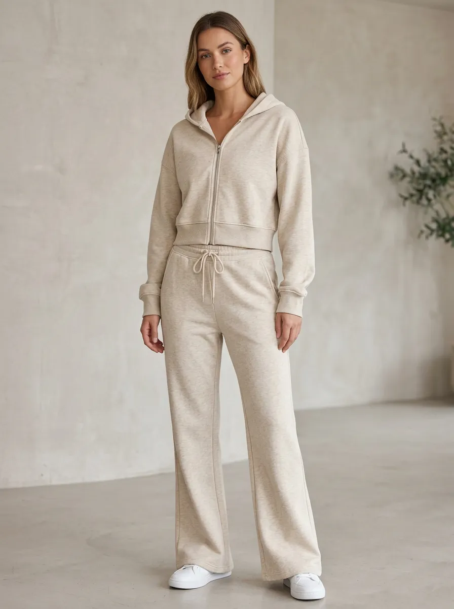 Women's Classic Minimal Cropped Hooded Jacket and Flare Pants Active Set