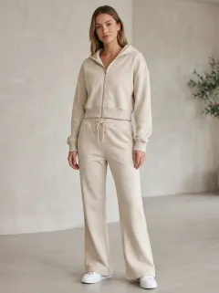 Women's Classic Minimal Cropped Hooded Jacket and Flare Pants Active Set