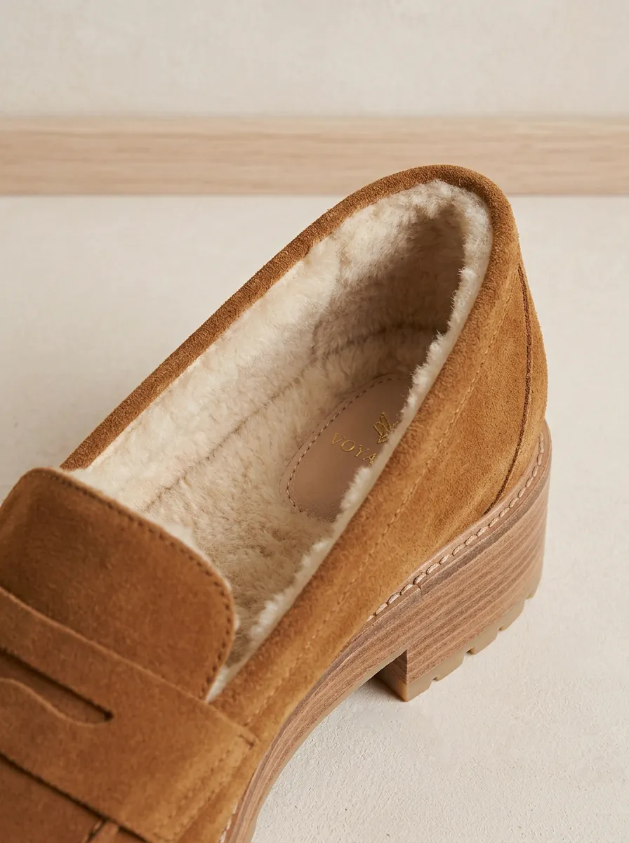 Women's Classic Faux Fur Lined Platform Winter Suede Wood Sole Loafers