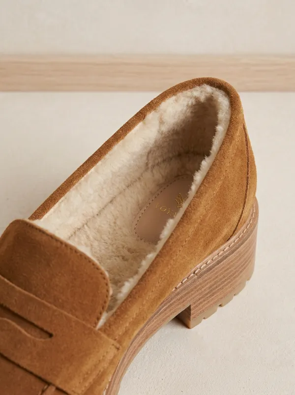 Women's Classic Faux Fur Lined Platform Winter Suede Wood Sole Loafers