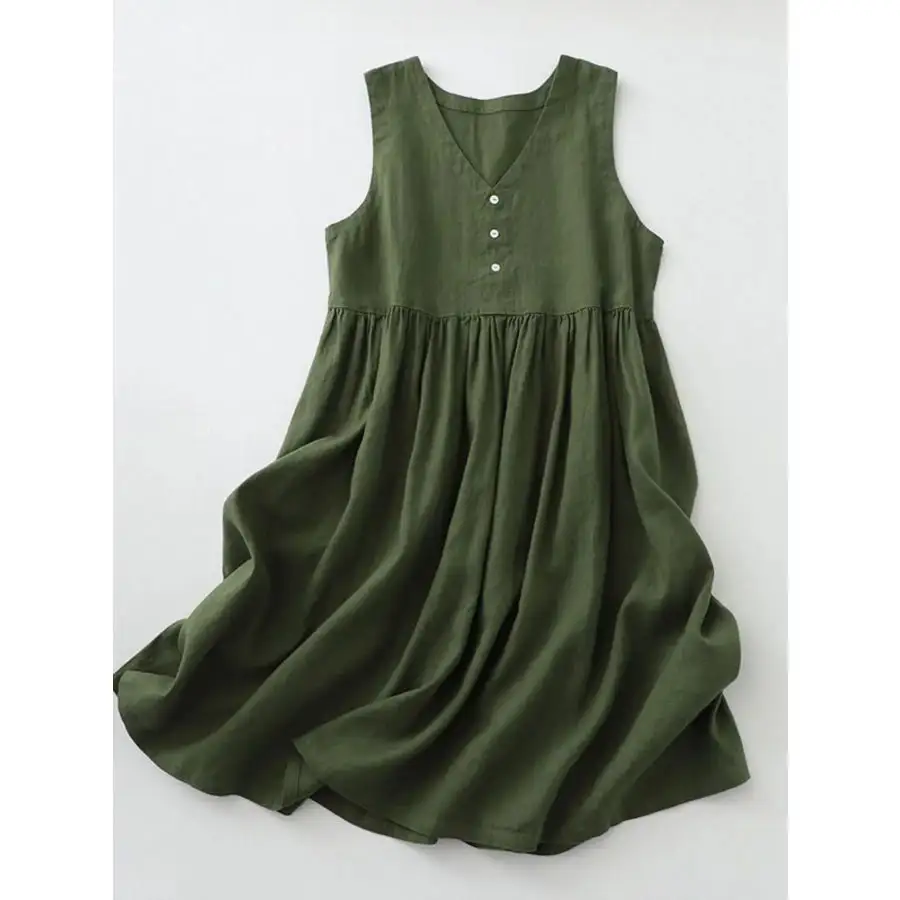 V-Neck Button Detail Sleeveless Midi Dress