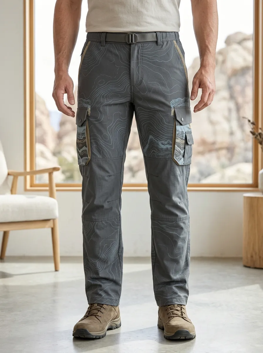 Men's Belted Topographic Print Cargo Pants