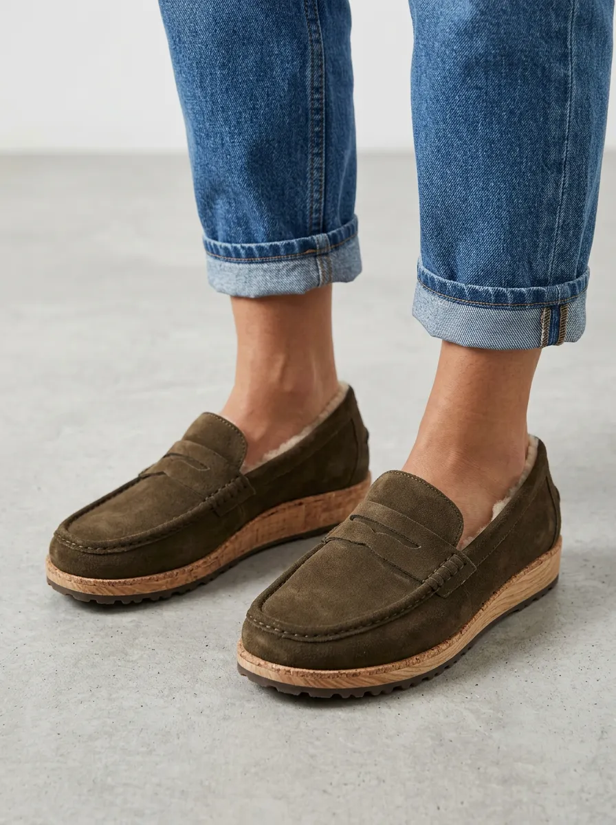 Women's Everyday Faux Fur Lined Suede Wood Sole Loafers