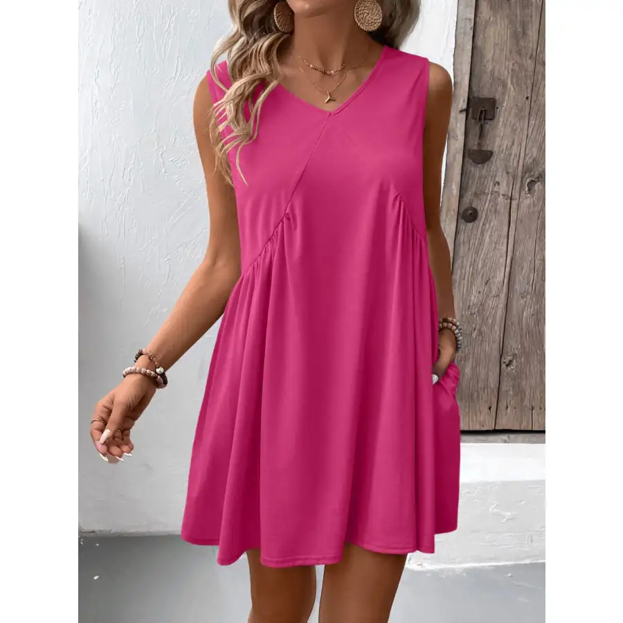 Ruched V-Neck Sleeveless Mini Dress