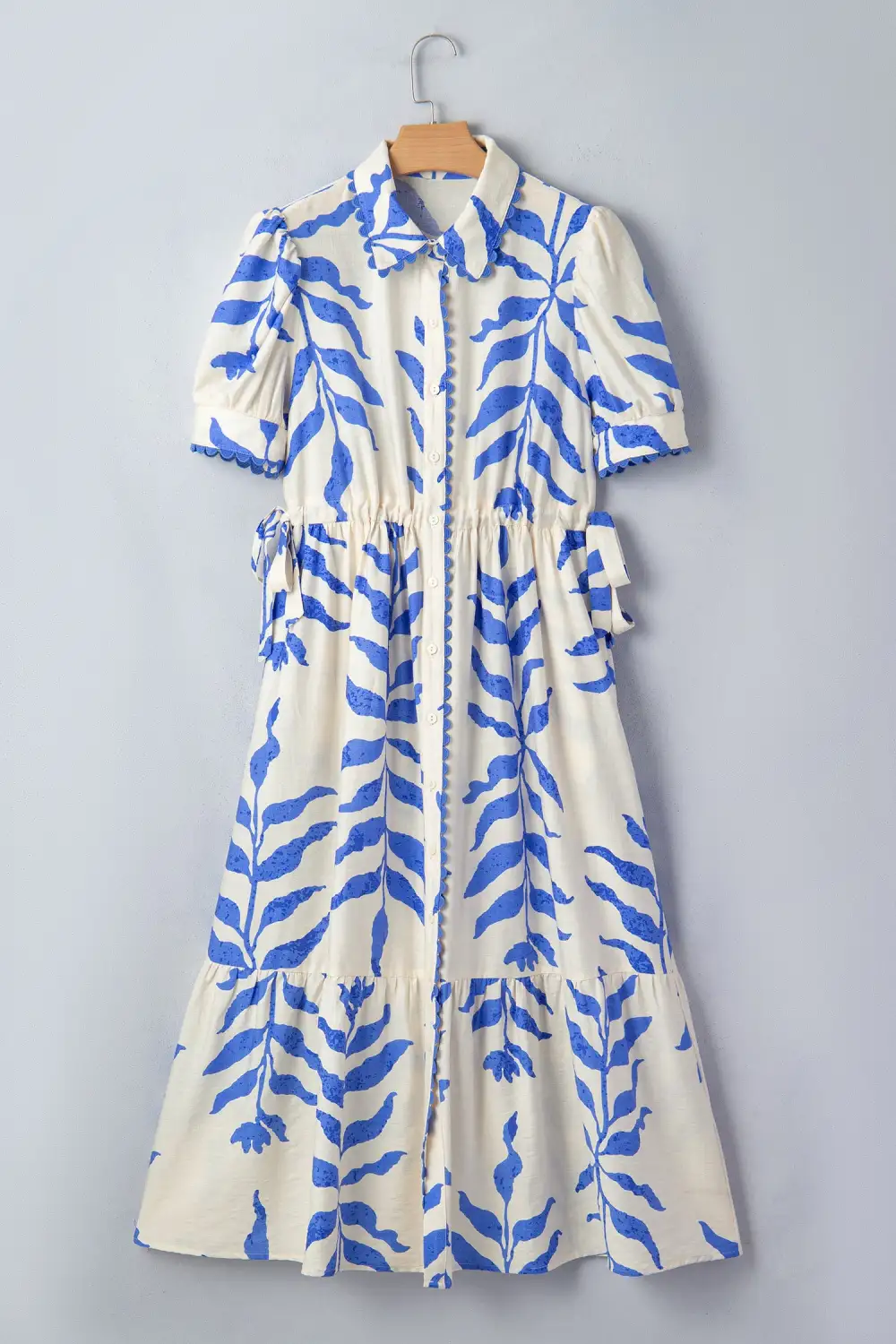 Classic Leafy Botanical Print Side Tie Button Down Maxi Dress
