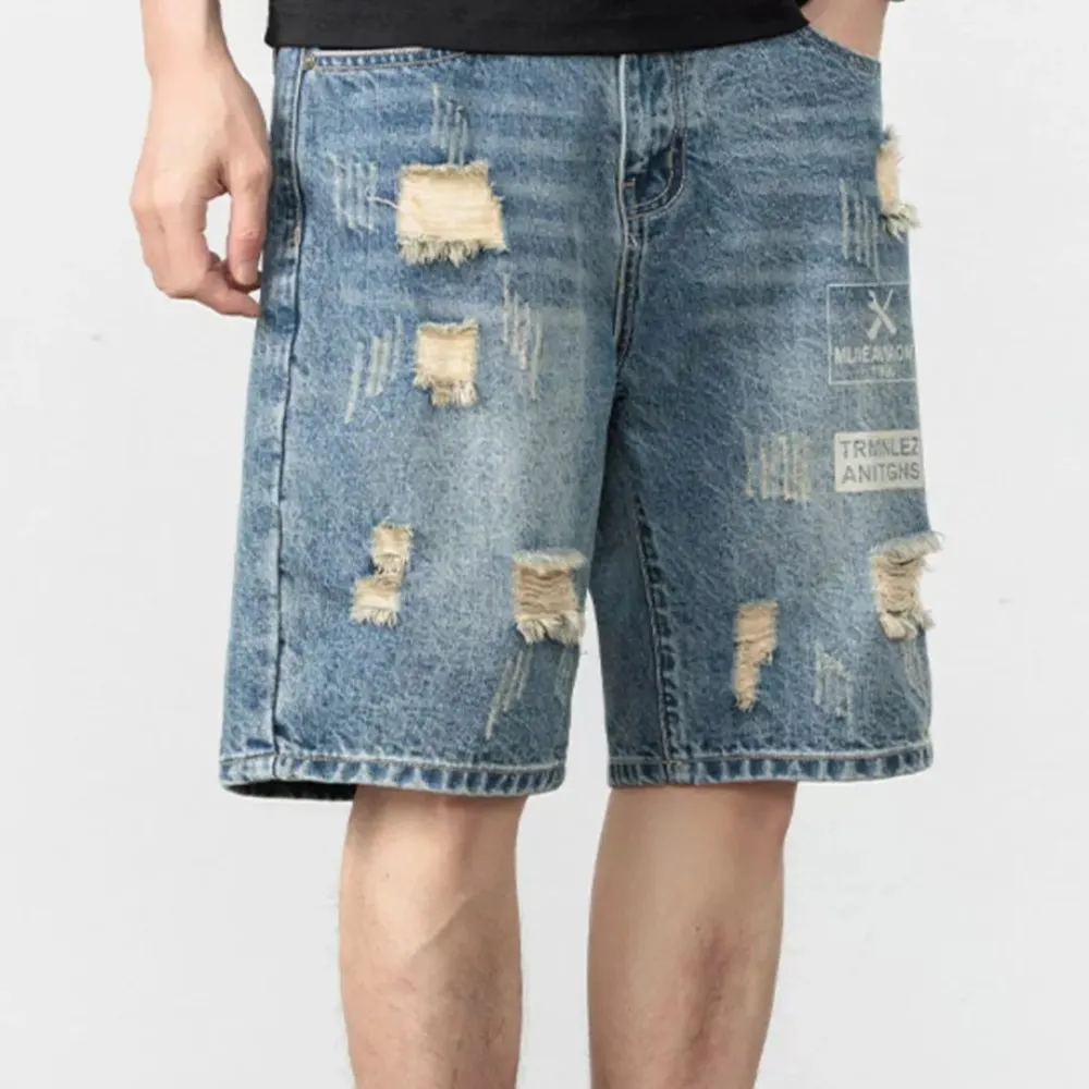 Classic Distressed Loose Fit Washed Denim Shorts