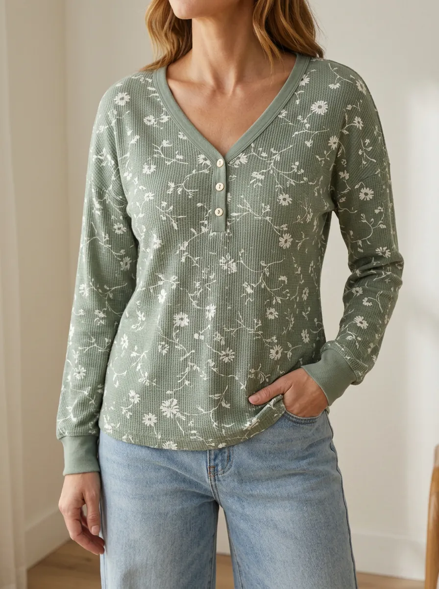 Women's Meadow Floral Pattern Waffle Knit Printed Button V-Neck T-Shirt