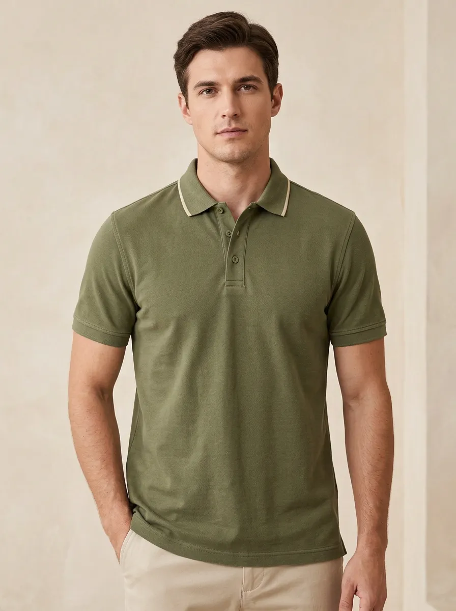 Men's Olive Green Contrast Collar Casual Polo Shirt