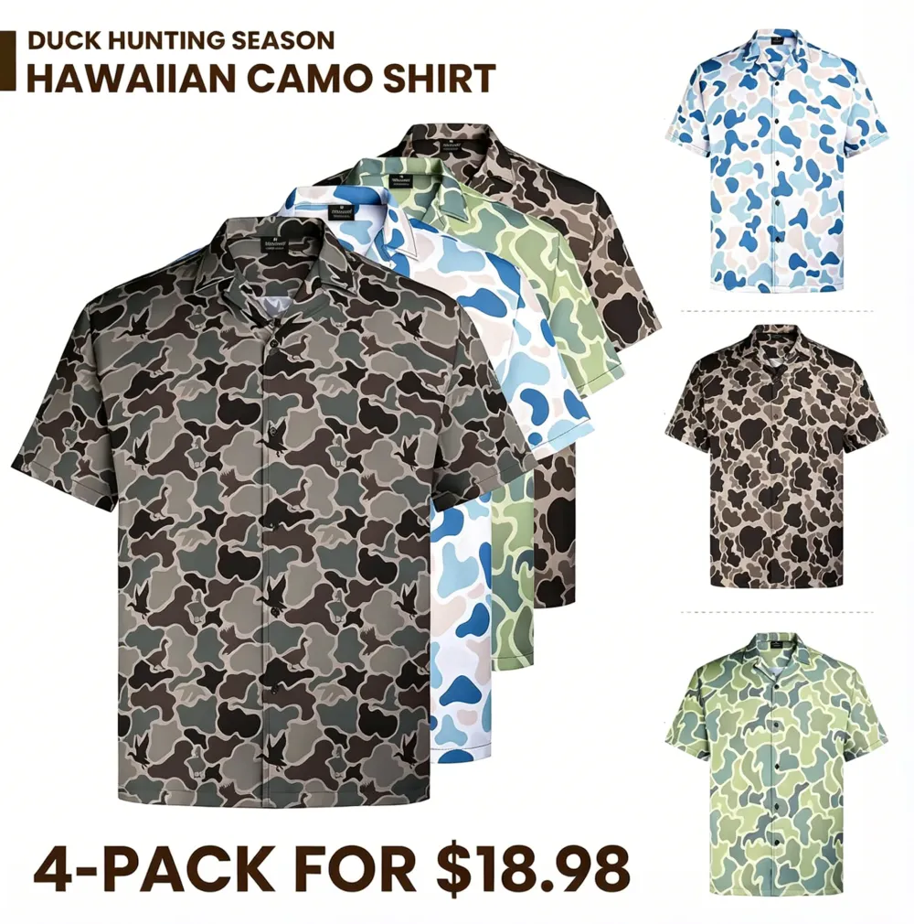 Men's Camo Hawaiian Shirt Duck Hunting Short Sleeve Button-Up Shirts