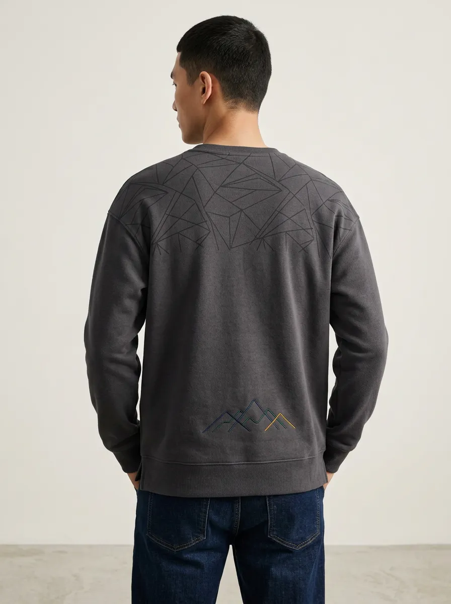 Men's Charcoal Geometric Graphic Crewneck Sweatshirt