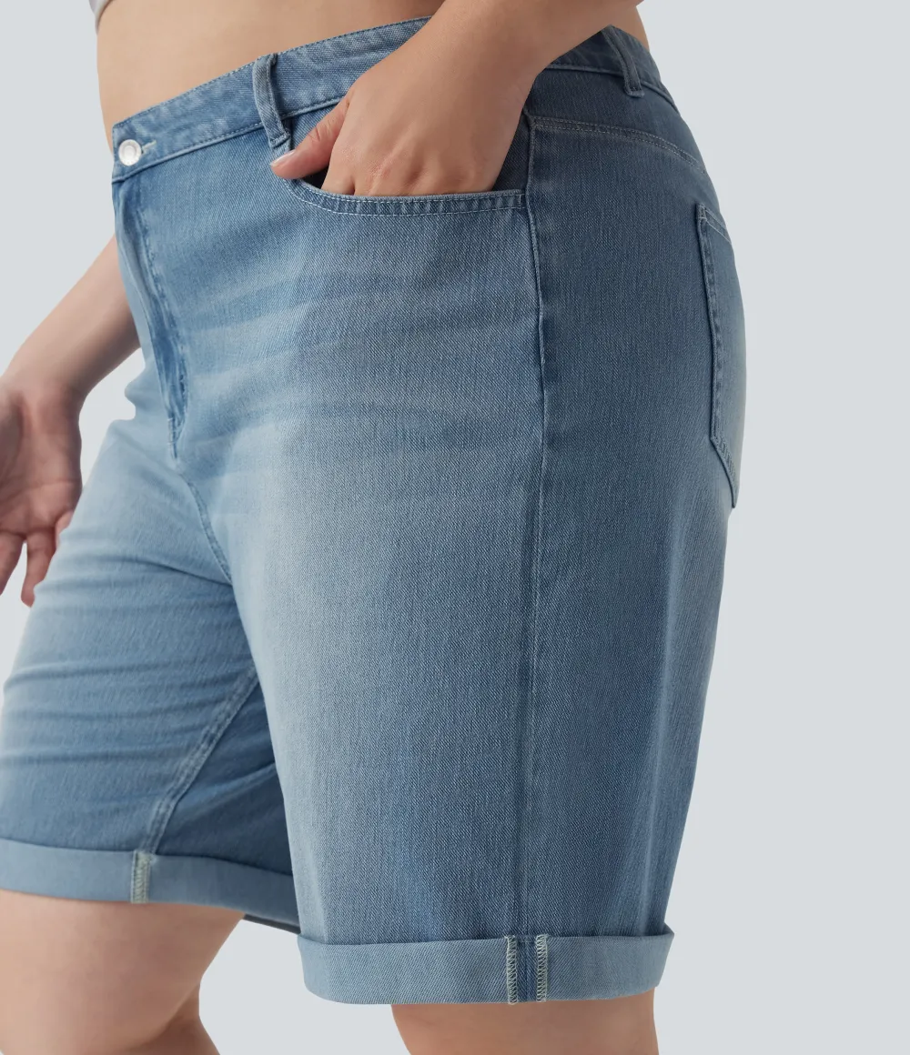  High Waisted Multiple Pockets Rolled Hem Washed Stretchy Knit Denim Casual Plus Size Bermuda Shorts