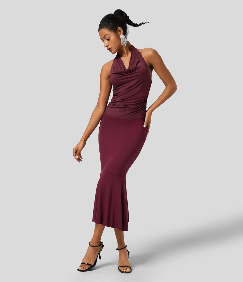 Halter Cowl Neck Backless Ruched Casual Tank Top