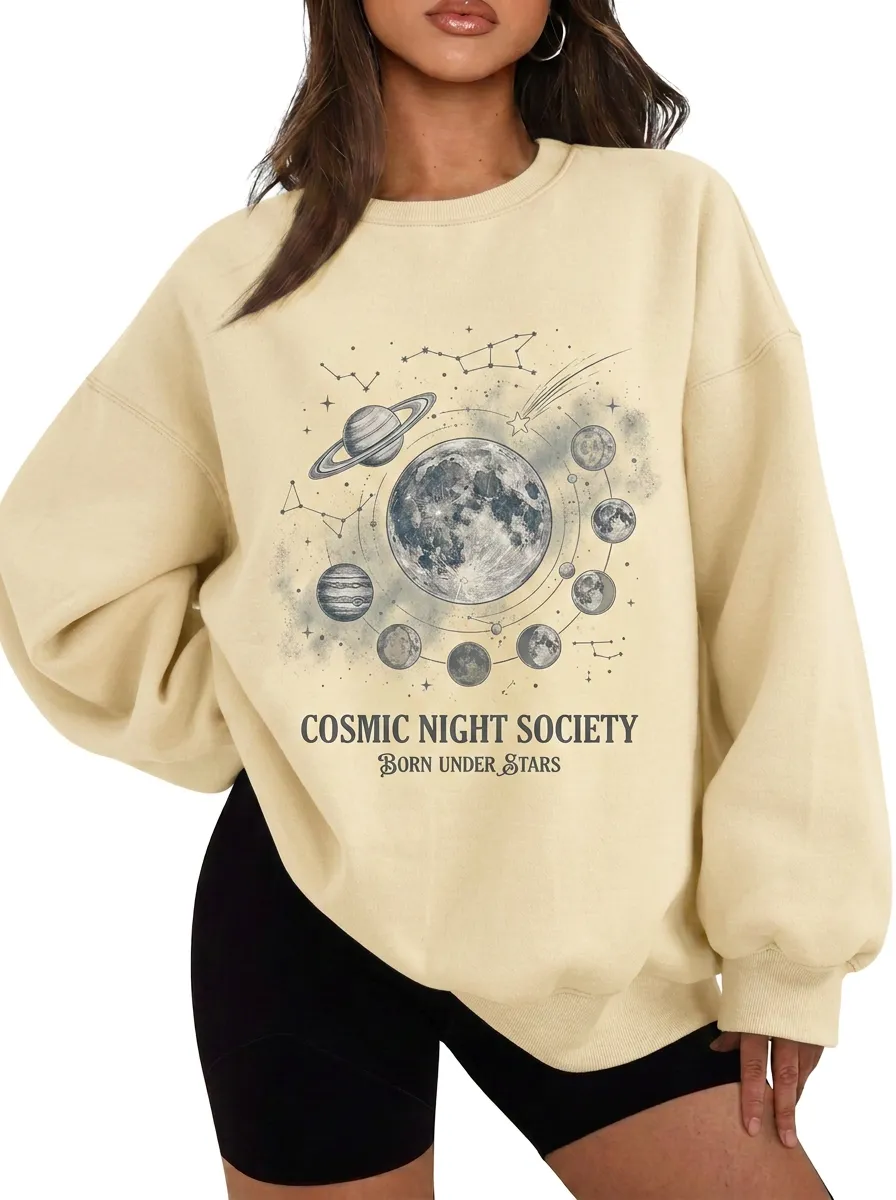 Women's Astronomy Lover Cosmic Moon Planets Printed T-shirt