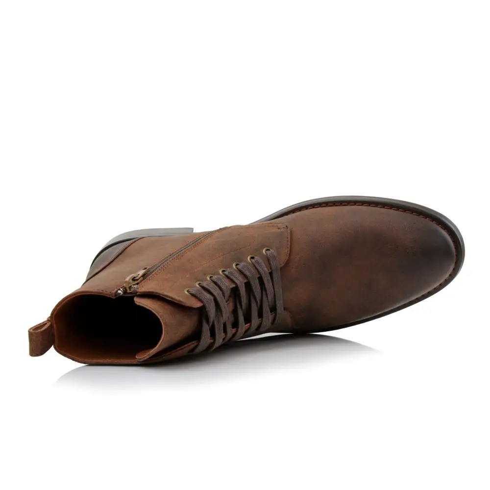 Faux-Leather Burnished Lace-Up Ankle Boots