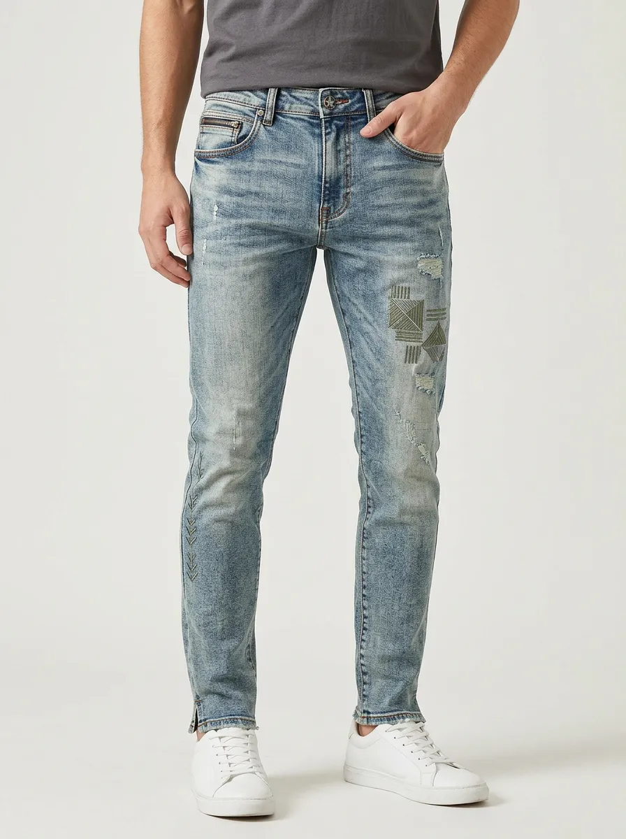 Men's Light Wash Geometric Patchwork Distressed Slim Fit Jeans