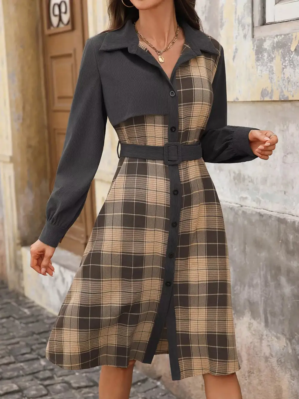 Plaid Button Front Long Sleeve Shirt Dress