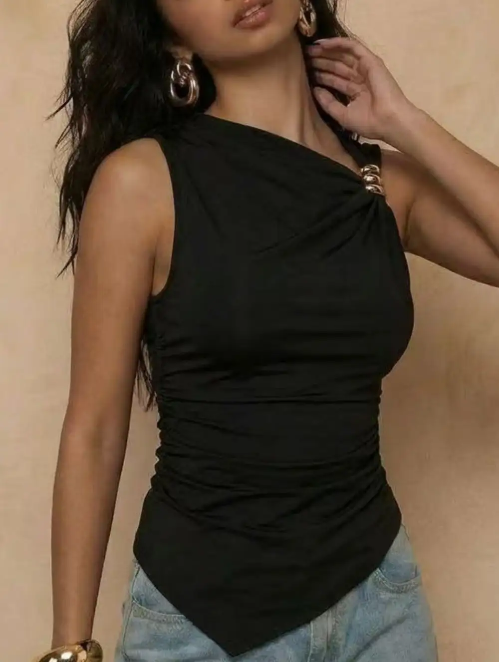 Metal Buckle Ruched Slim Sleeveless Top