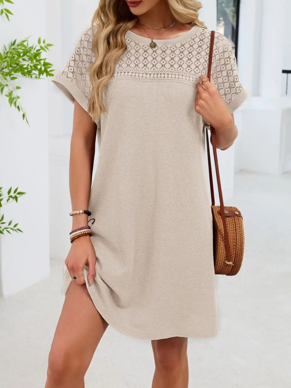 Lace Round Neck Short Sleeve Shirt Dress