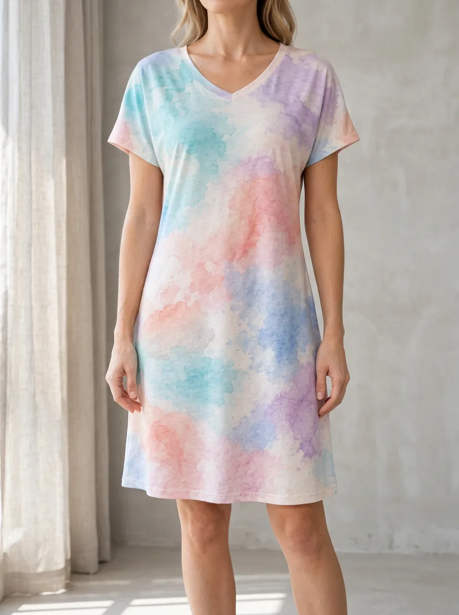 Women's Dropped Shoulder Watercolor Print V-Neck T-Shirt Dress
