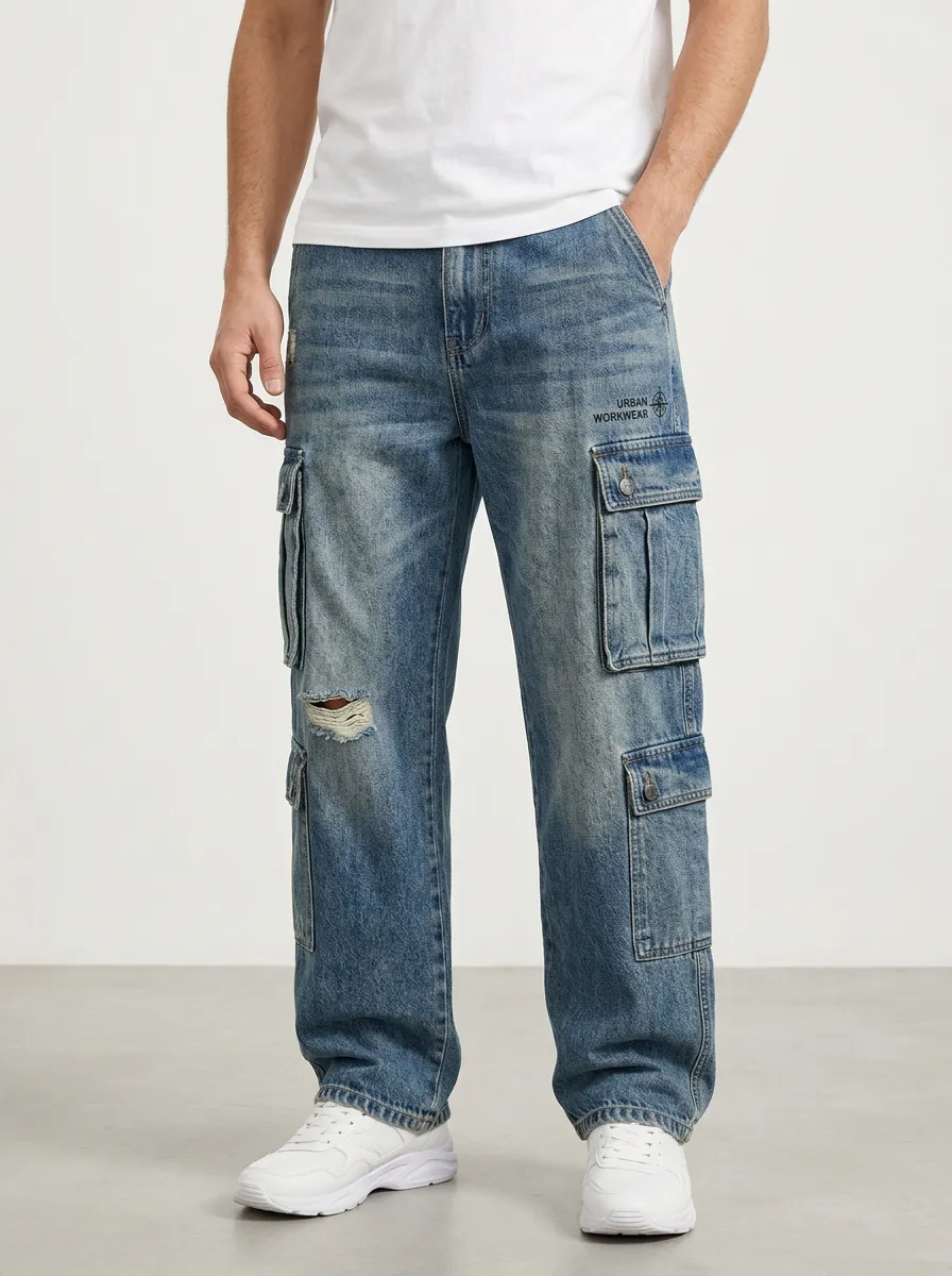 Men's Urban Workwear Distressed Denim Printed Cargo Jeans