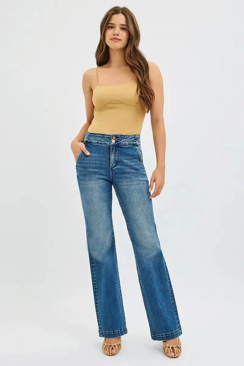 Washed High Waist Flare Leg Button Denim Jeans