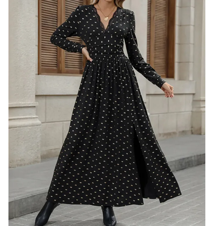 Bow Long Sleeve V Neck Maxi Dress