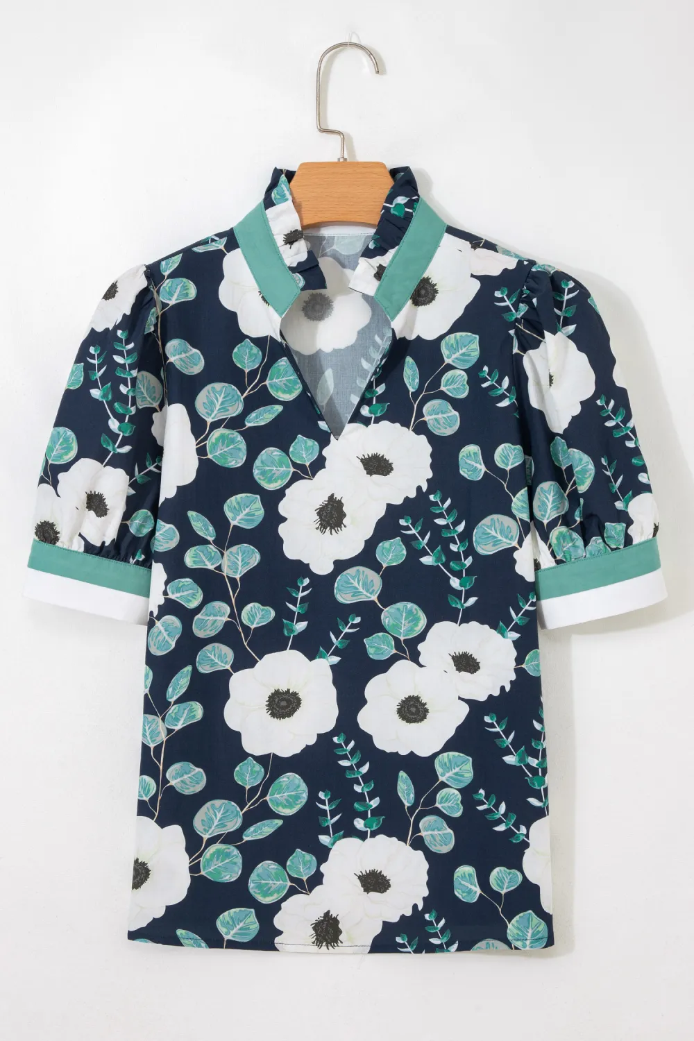Blue Floral Print Striped Patchwork Blouse