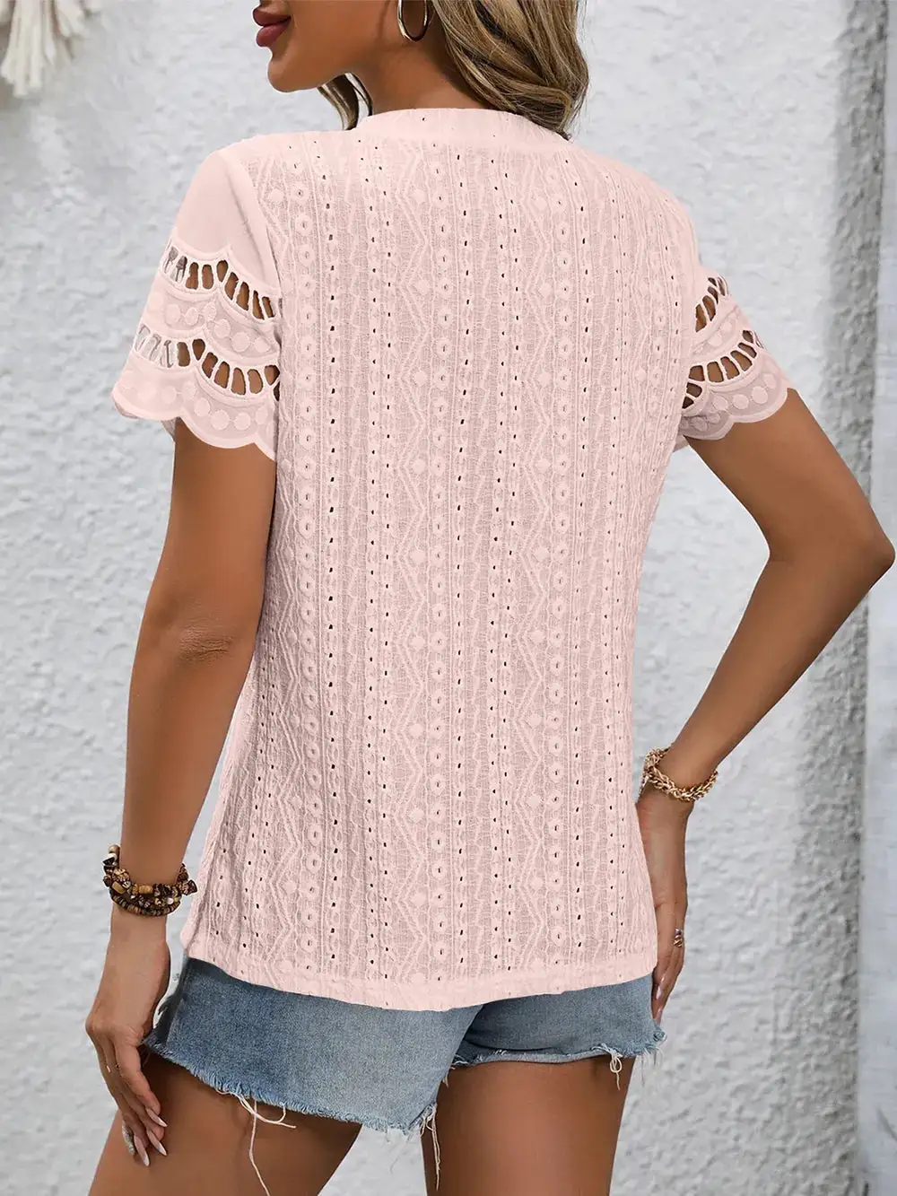 Eyelet Round Neck Short Sleeve Top