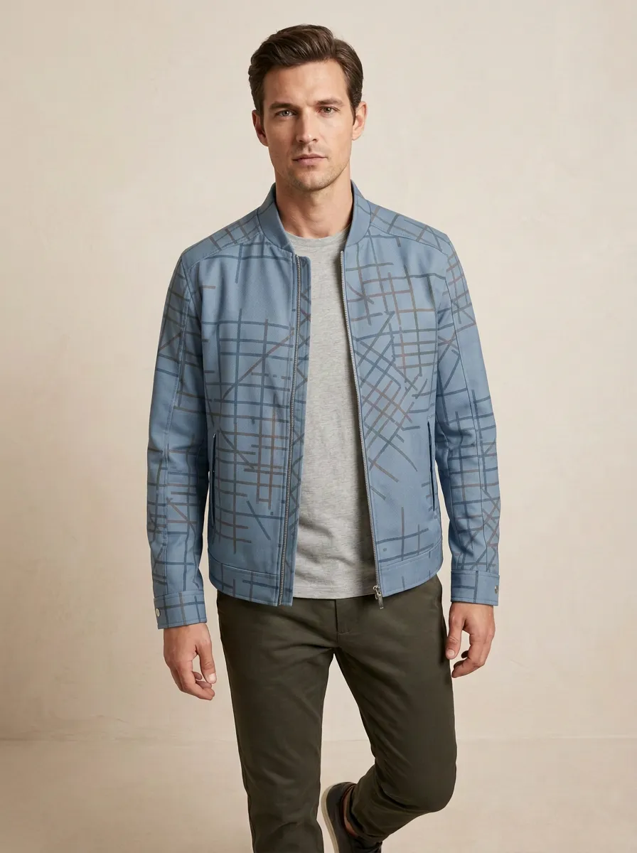 Grid Print Baseball Collar Bomber Jacket