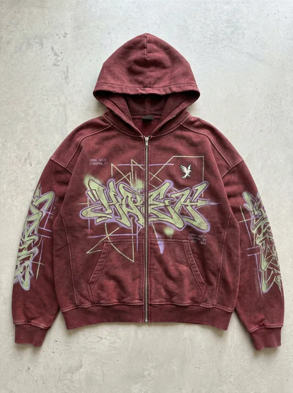 Unisex Streetwear Graffiti Dove Graphic Printed Zip-up Hoodie