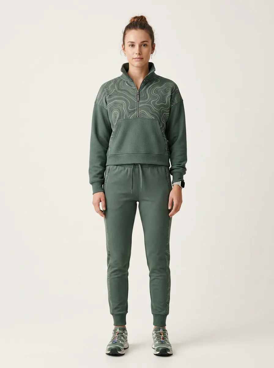 Women's Forest Green Topographic Print Quarter-Zip Pullover and Jogger Set