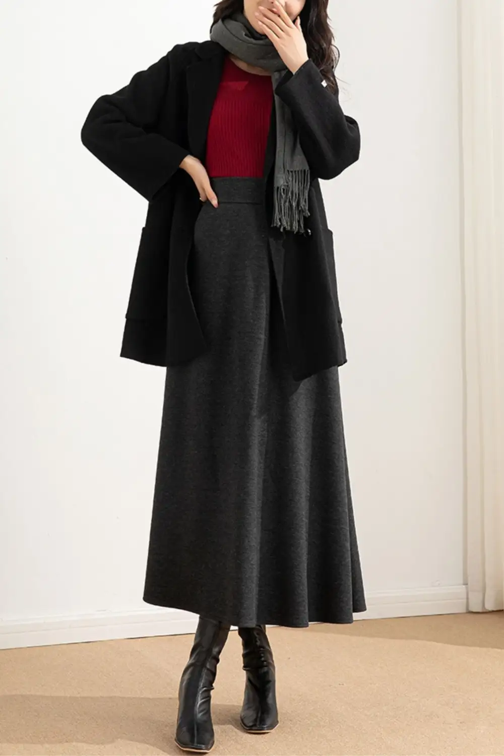 Checkered Wool Blend A Line High Waist Skirt
