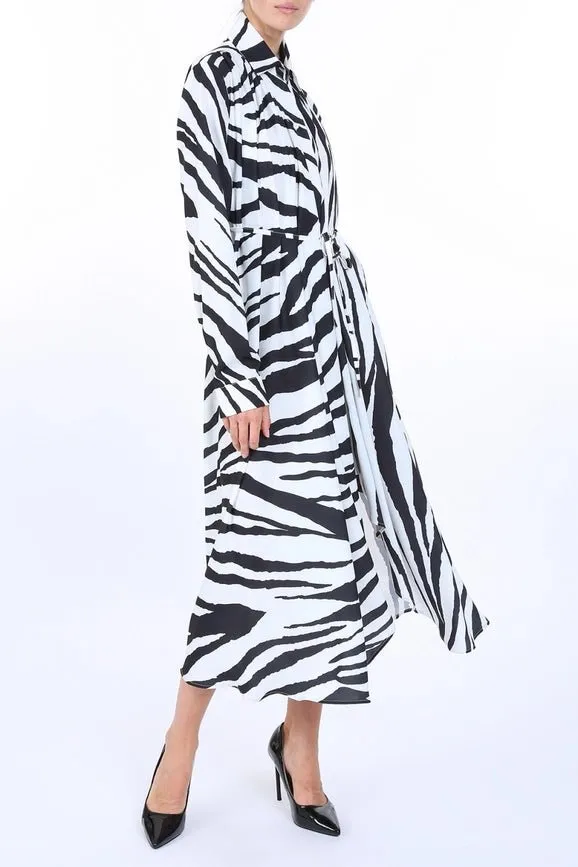 Modern Zebra Print Belted Satin Midi Shirt Dress