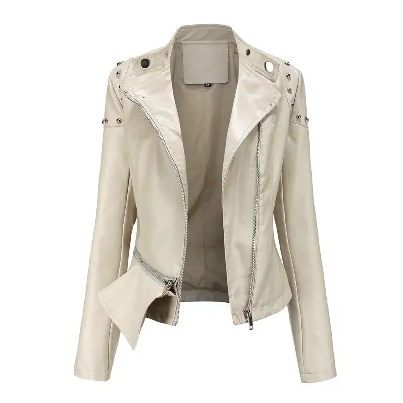 Stand-Collar Rivet-Detail Zip-Front Faux-Leather Leather Casual Outerwear Jacket