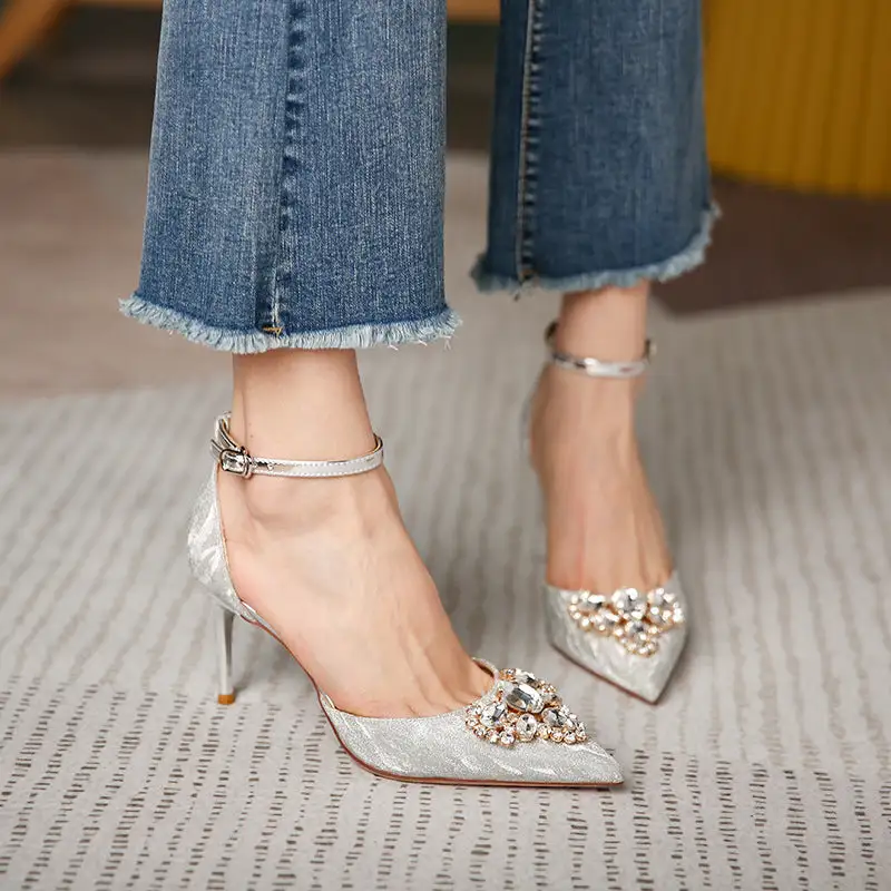 Pointed Toe Stiletto Heel Rhinestone Floral Detail Shoes