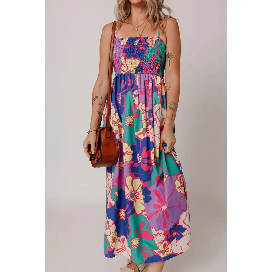 Floral Print Shirred Spaghetti Strap Loose Maxi Dress