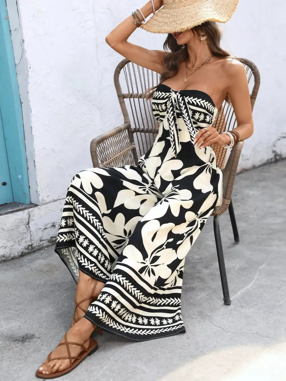 Floral Print Strapless Tie Front Wide Jumpsuit