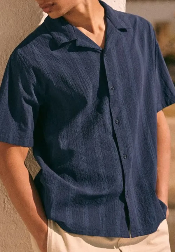 Navy Blue Seersucker Camp Collar Short Sleeve Shirt