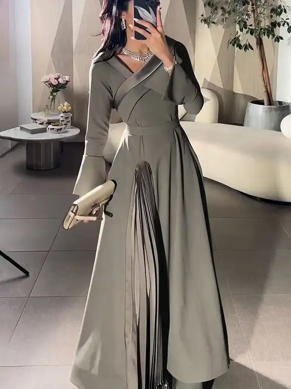 Pleated Wrap Neck Maxi Dress